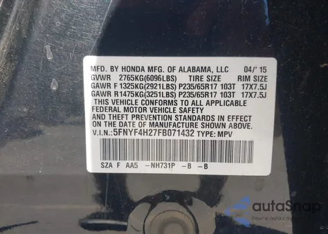 2015 Honda Pilot Lx z USA, uszkodzony, nr VIN 5FNYF4H27FB071432